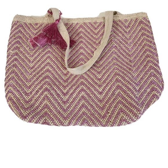 Ashiana Womens Woven Tote Bag Zig Zag Stripe Multicolor L Tassel Deep Pocket - Picture 1 of 7